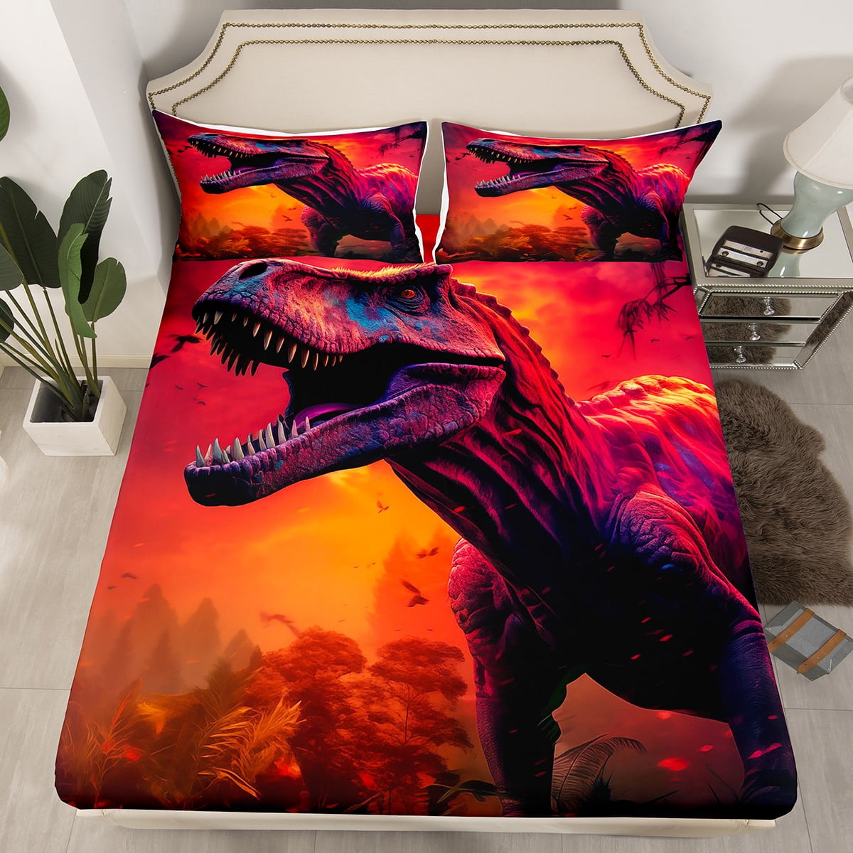 YST 3D Dinosaur Bedding Set Full Size,Cute Dino Fitted Sheet Dinosaur Room Decor for Boys Girls