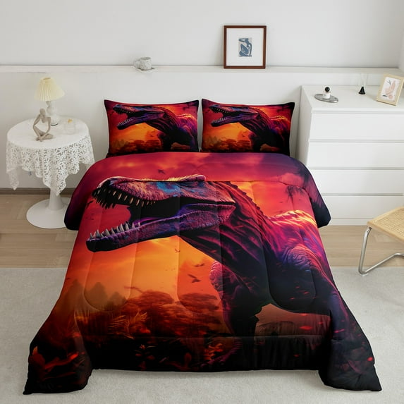 Erosebridal 3D Dinosaur Bedding Set King Size,Cute Dino Comforter Set Dinosaur Room Decor,Wild Safari Jungle Animals Bedding Comforter Sets Quilt Bed Set 3Pcs