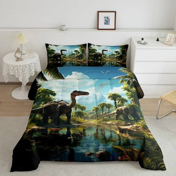 3D Dinosaur Queen Comforter Set ,Wild Animal Jungle Bedding Set Dinosaurs Bedroom Decor,Cute Dino Bedding Comforter Sets Palm Tree Tropical Quilt Bed Set 3Pcs