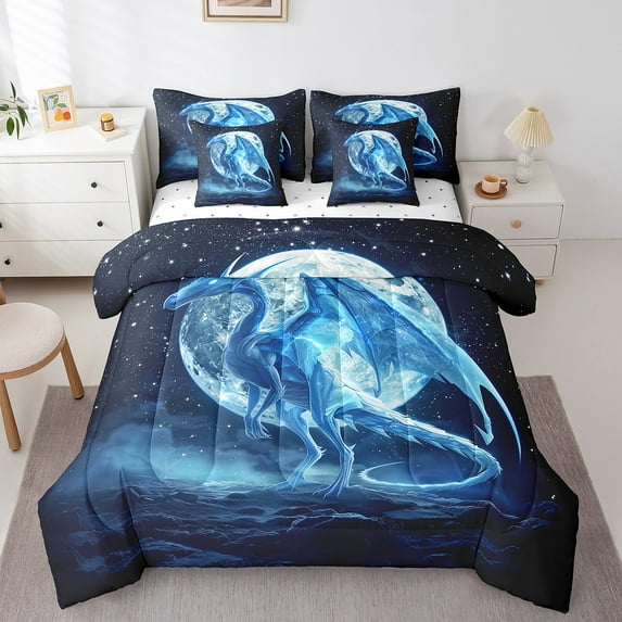 Erosebridal 3D Dragon Moon Comforter Set Full Size Magical Animal Bed In A Bag Fantasy Starry Sky Bedding Set with Fitted Sheet and Flat Sheet Mysterious Outer Space Bedding Comforter Sets,7 Piece