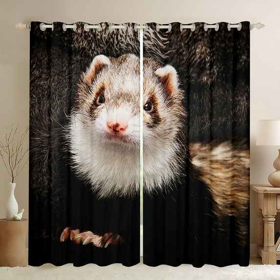 Erosebridal 3D Ferret Curtains & Drapes Wild Animal Print Blackout Curtains, Pet Theme Curtains Brown White Black Out Curtains, Ferret Lovers Gifts Window Drapes
