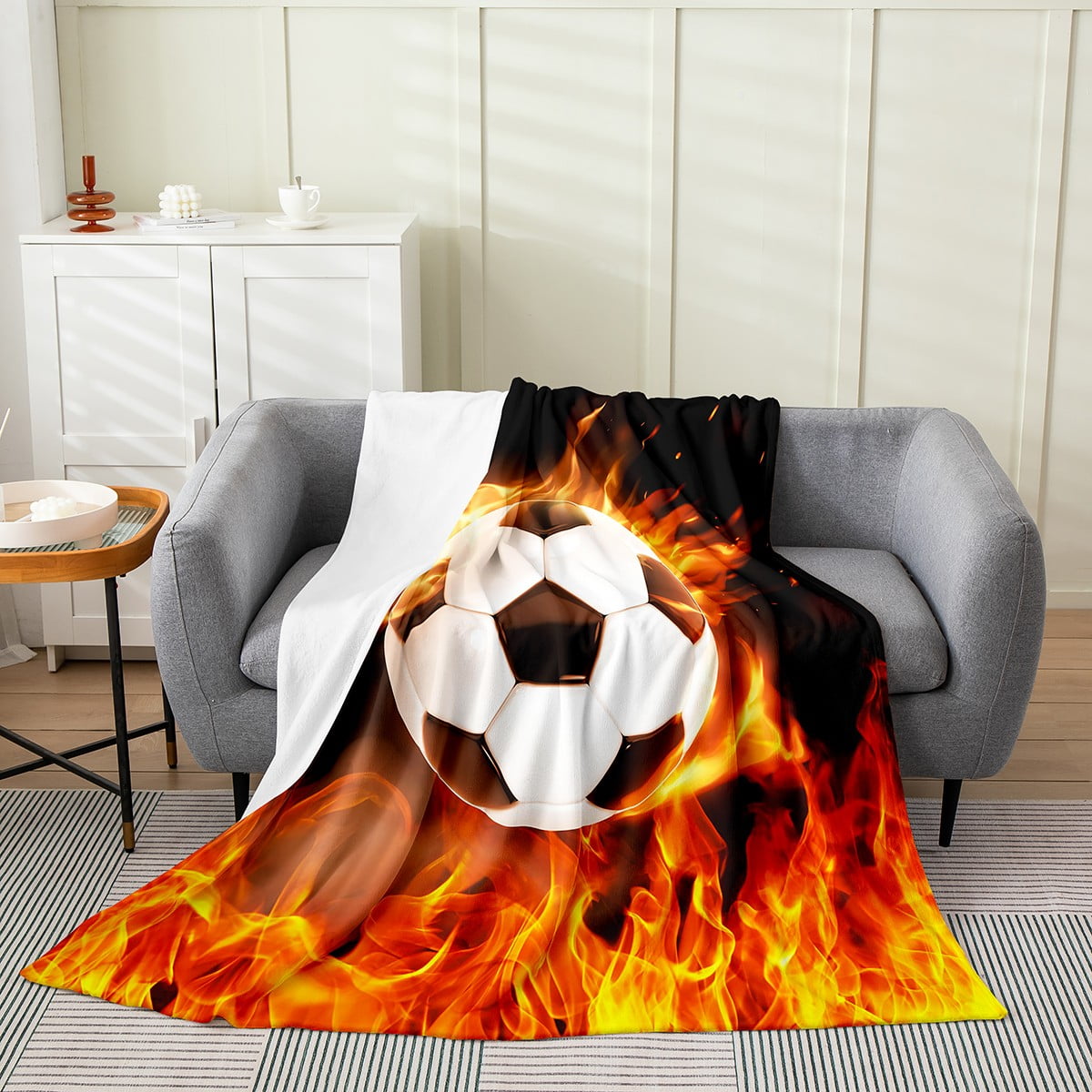 YST 3D Football Print Throw Blanket,Burning Fire Soccer Sports Fleece