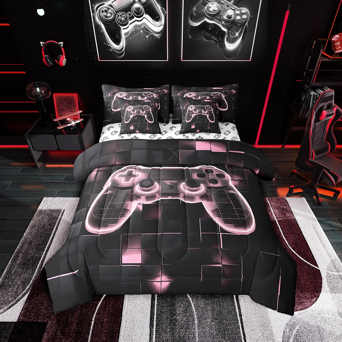 3D Game Console Comforter Set Pink Black 3D Gaming Geometric Bed in A ...