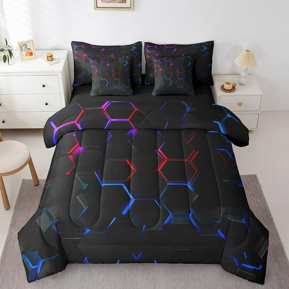 3D Honeycomb Comforter Set Twin 7 Pcs Black Red Blue Abstract Geometric Bed in a bag For Teen Stereoscopic Hexagon Beehive Bedding Set Geometry Hexagonal Bed Set
