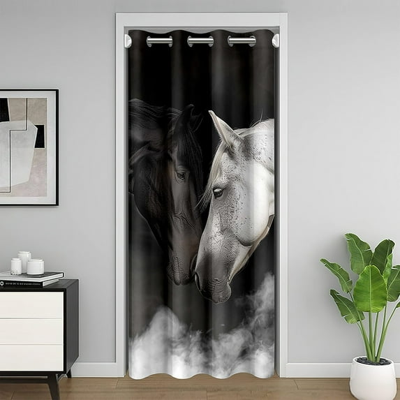 3D Horse Door Drape 52"W X 80"L,Grey Horse Door Curtain For Doorway Privacy,Sky Galloping Horse Blackout Curtain,Woodland Farmhouse Animal Room Divider Curtain Living Room,Darkening