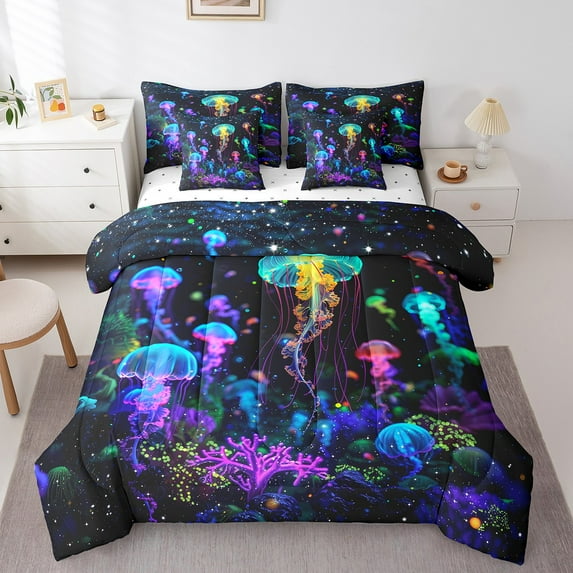 3D Jellyfish Bed In A Bag Women Teal Purple Jellyfish Fitted Sheet 7 Pcs Tropical Nautical Coastal Comforter Set Ocean Sea Animal Flat Sheet,King Size Bedding Set