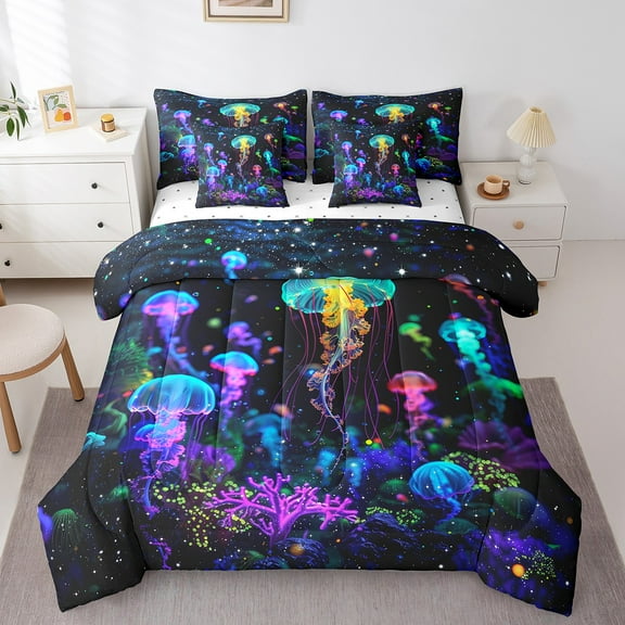 3D Jellyfish Bed In A Bag Women Teal Purple Jellyfish Fitted Sheet 7 Pcs Tropical Nautical Coastal Comforter Set Ocean Sea Animal Flat Sheet,King Size Bedding Set