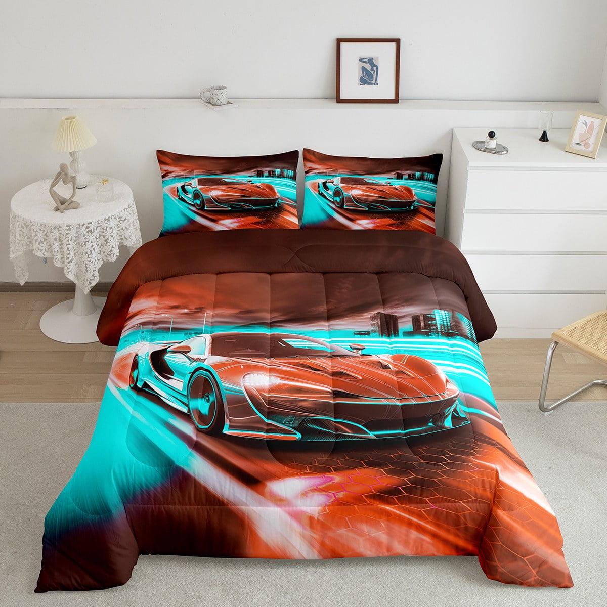 Feelyou Racing Car Comforter Set - Twin Size Gray Kids Bedding With Sports Car Design