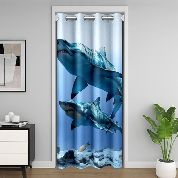 3D Shark Print Door Curtain For Doorway Privacy for Teens ,Ocean Fish Blackout Curtain 34"W X 80"L,Underwater World Door Drape Darkening,Marine Life Door Window Curtain for Kitchen