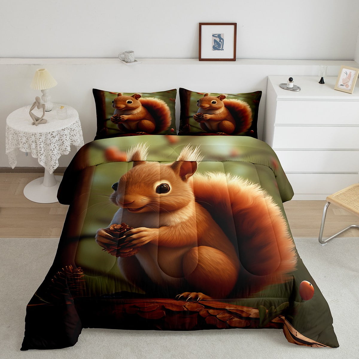 YST 3D Squirrel Full Comforter Set Woodland Animal Bedding Set Jungle