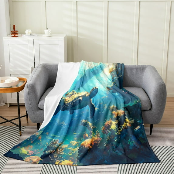 3D Turtle Print Blanket ,Ocean Animal Throw Blanket,Tropical Coral Seaweed Fleece Blanket Lightweight,Underwater World Flannel Blanket Queen 90x90 Inch