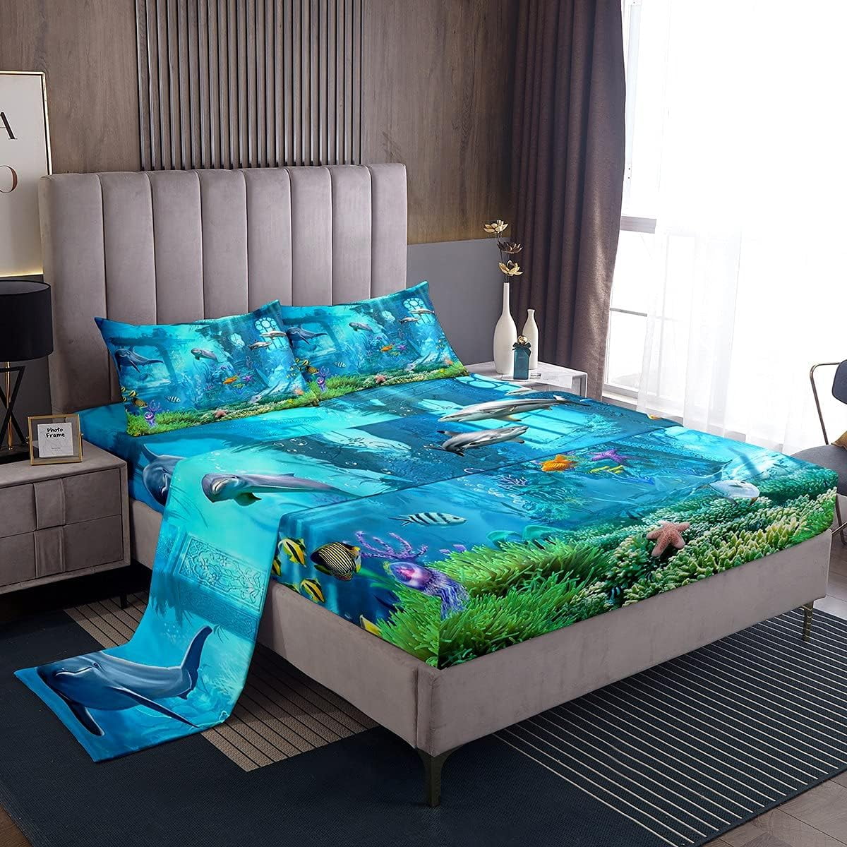 YST 3D Underwater World Bed Sheets Beach Fish Sea Blue Sheet Set Twin
