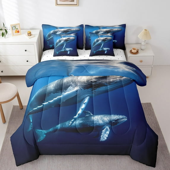 YST 3D Whale Bedding Comforter Sets 7pcs Navy Blue Deep Ocean Bed in a Bag, Sea Animal Full Bedding Sets Couple Whale Comforter Set, Sea Fish Bedding Sets & Collections with 2 Pillowcase
