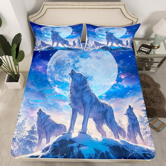 3D Wolf Bed Sheets Winter Wolves On The Snow Mountain Bedding Set, Wild Animal Printed Fitted Sheet for Teens Adults Men Galaxy Moon Starry Sky Sheets Twin 2Pcs (Blue)