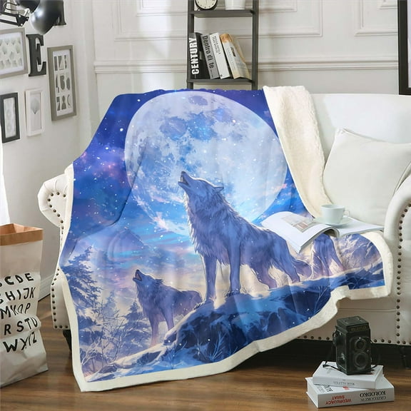 3D Wolf Fleece Blanket Winter Wolves On The Snow Mountain Fuzzy Blanket, Wild Animal Printed Throw Blanket for Teens Adults Men Galaxy Moon Starry Sky Plush Bed Blanket Throw (Blue)