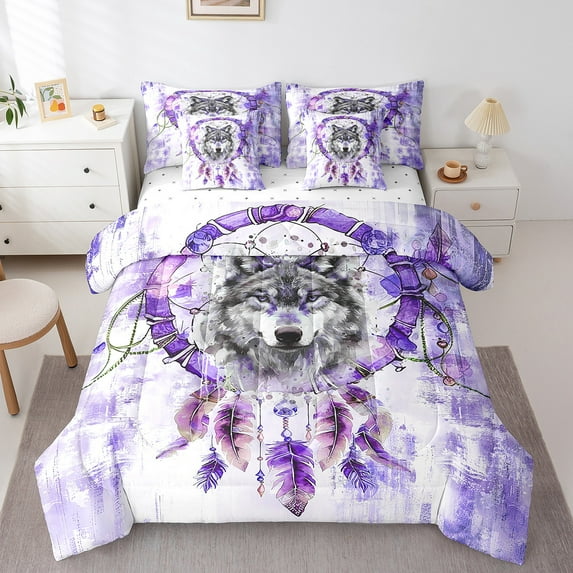 3D Wolf Full Comforter Set 7 Pieces Boho Dreamcatcher Bedding Comforter Sets,Jungle Animal Bed in a Bag Purple Watercolor Bedding Set,Oil Painting Aesthetic Bed Sheets Set