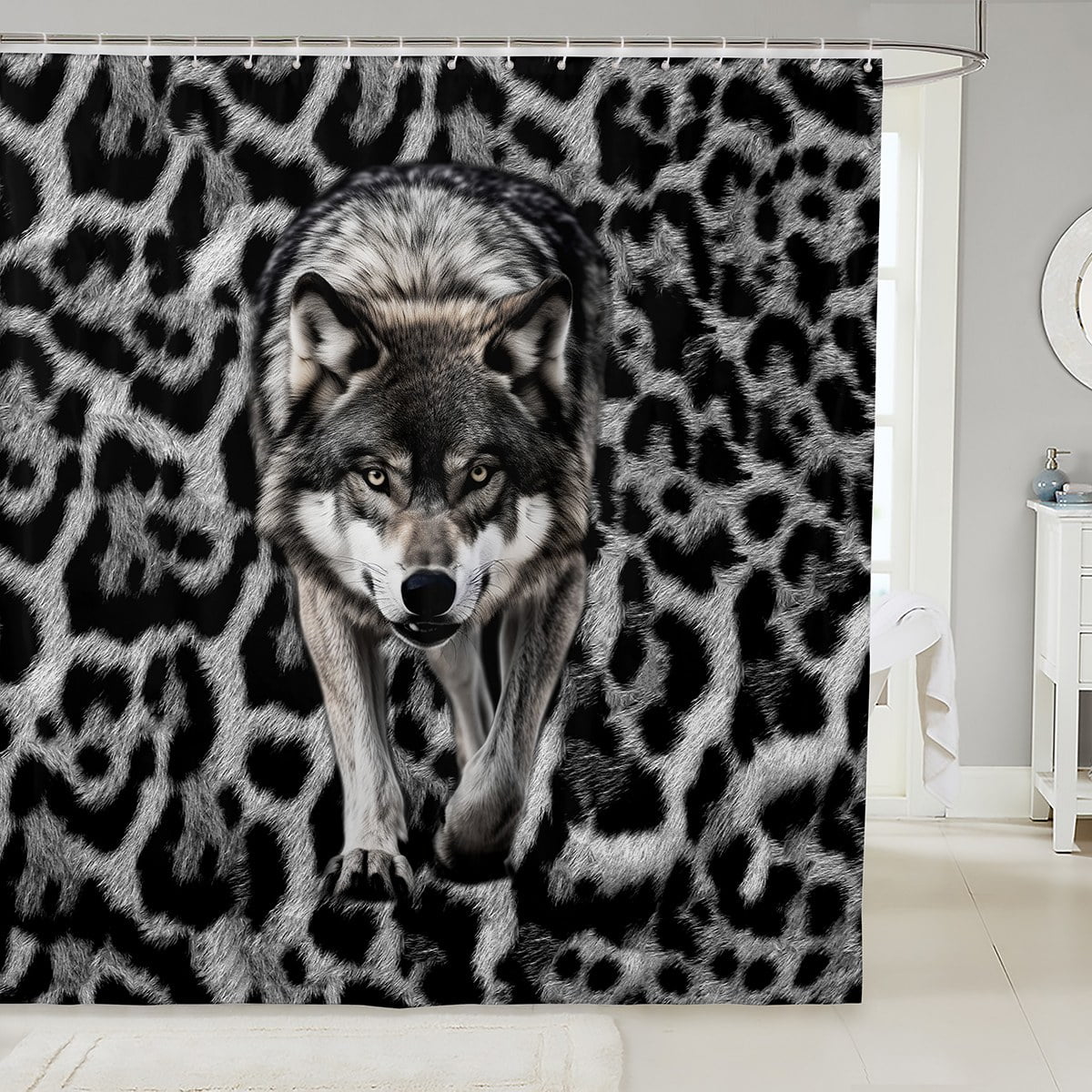 YST 3D Wolf Gifts Bath Curtain White Silvery Leopard Print Shower