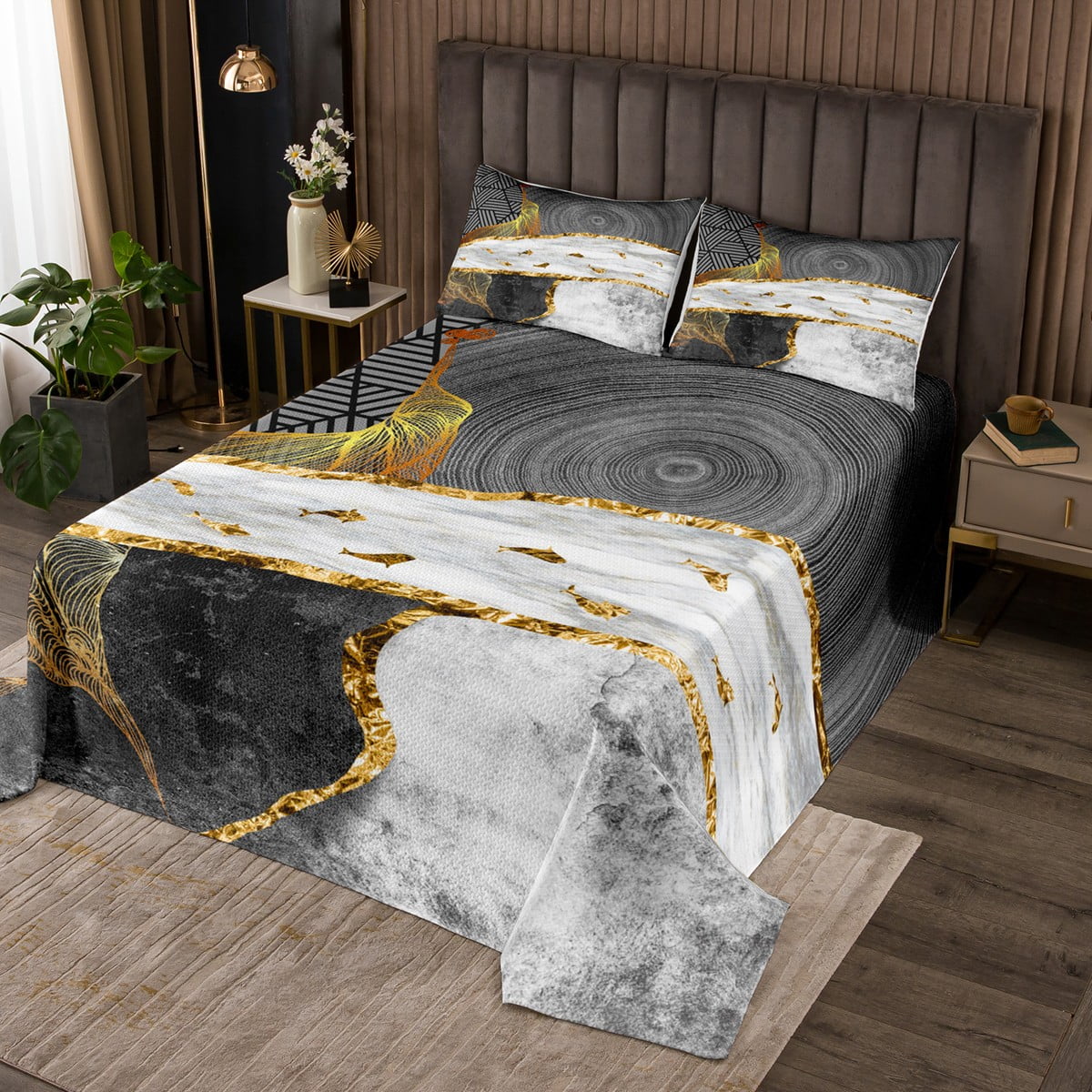 YST 3Pcs Bed In A Bag Gold Metallic Marble Bedspread Set Black and