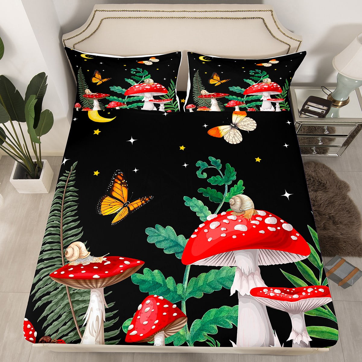 YST 3Pcs Mushroom Bed Sheets, Black Bed Set Full for Boys Girls Kids