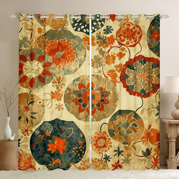 Erosebridal 60S 70S 80S Vintage Flowers Curtains 38"X45",Groovy Floral Blackout Curtains for Bedroom,Boho Dahlias Window Curtains & Drapes,Red Orange Dark Blue Psychedelic Darkening Curtains