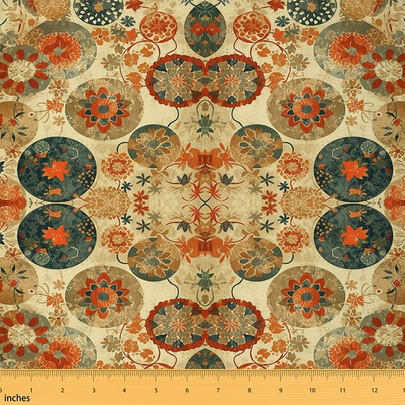 60S 70S 80S Vintage Flowers Fabric by the Yard,Groovy Floral Upholstery Fabric,Boho Dahlias Decorative Fabric,Red Orange Dark Blue Psychedelic Quilting Fabric for DIY Upholstery,3 Yards