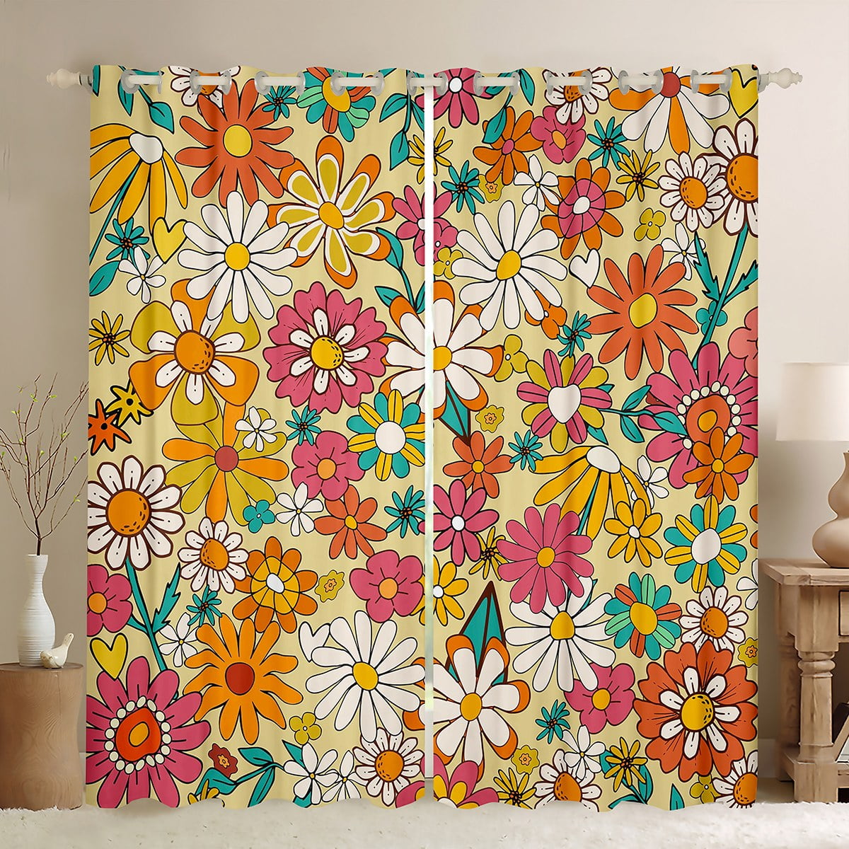 Renaiss Rainbow Mushroom Window Curtains - 70s Boho Blackout Drapes, 26x63 Inches Per Panel, Set Of 2, Grommet Top