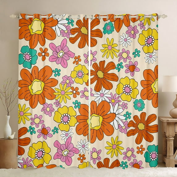 Erosebridal 60S 70S Hippie Flower Blackout Curtains, Groovy Floral Curtains & Drapes 42"Wx90"L 2 Panels, Boho Vintage Flowers Curtains 90S Groovy Aesthetic Window Treatments Women