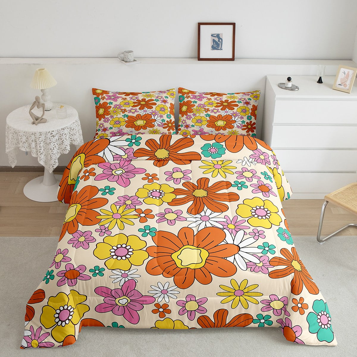 Erosebridal 60S 70S Hippie Flower Comforter Set, Groovy Floral Bedding ...