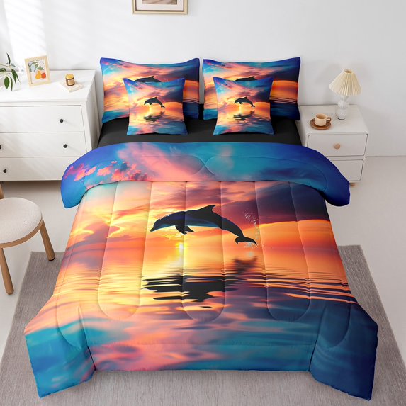 7 Pcs 3D Dolphin Bedding Sets Blue Ocean Quilt with Flat Fitted Sheet Twin Coastal Animals Bed In A Bag Sunrise Ocean Landscape Comforter Set