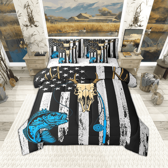 7 Pcs American Flag Comforter Set, Hunting Fishing Bed In A Bag With Flat Sheet And Fitted Sheet Full Size Adults, Cow Skull Bedding Set With Pillowcases & Shams, Black White