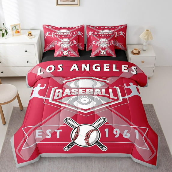 7-Pcs Baseball Bedding Set , Queen Size Comforter Set with Sheets and Pillowcase, 7-Pcs Soft Lightweight Bed in a Bag,Sports Bed Set,Baseball Team Bedding,Los Angeles