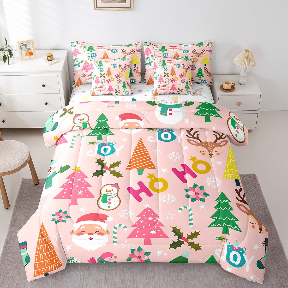 yst-7-pcs-christmas-decor-bedding-set-for-kids-girls-full-size-santa