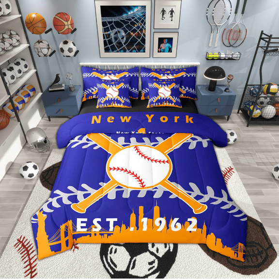 7 Pcs Comforter Set Full Size,Baseball Bed in a Bag with Flat Sheet and Fitted Sheet and Adults,Baseball Bedding Set with Pillowcase and Sham(New York 1)