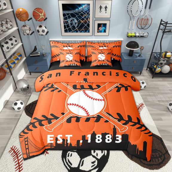 7 Pcs Comforter Set Full Size,Baseball Bed in a Bag with Flat Sheet and Fitted Sheet and Adults,Sports Fan Bedding Set with Pillowcase and Sham(San Francisco)