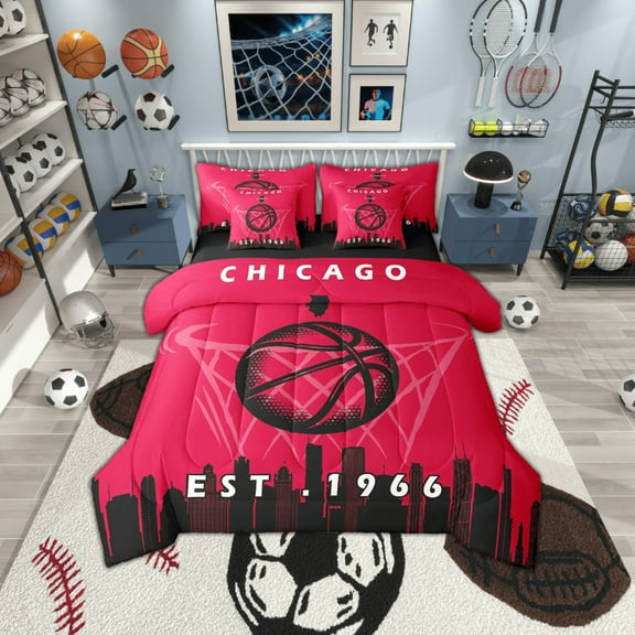 7 Pcs Comforter Set Full Size,Basketball Bed in a Bag with Flat Sheet and Fitted Sheet and Adults,Sports Bedding Set with Pillowcase and Sham,Chicago