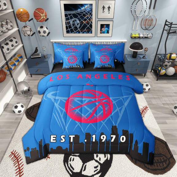 7 Pcs Comforter Set Full Size,Basketball Bed in a Bag with Flat Sheet and Fitted Sheet and Adults,Sports Bedding Set with Pillowcase and Sham,Los Angeles