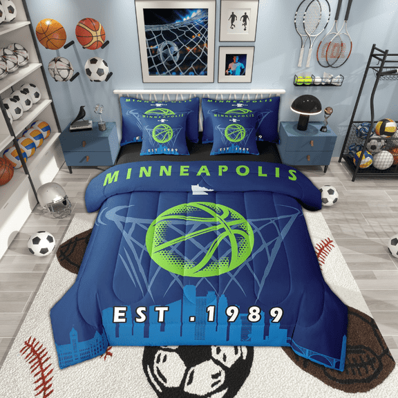 7 Pcs Comforter Set Full Size,Basketball Bed in a Bag with Flat Sheet and Fitted Sheet and Adults,Sports Bedding Set with Pillowcase and Sham,Minneapolis