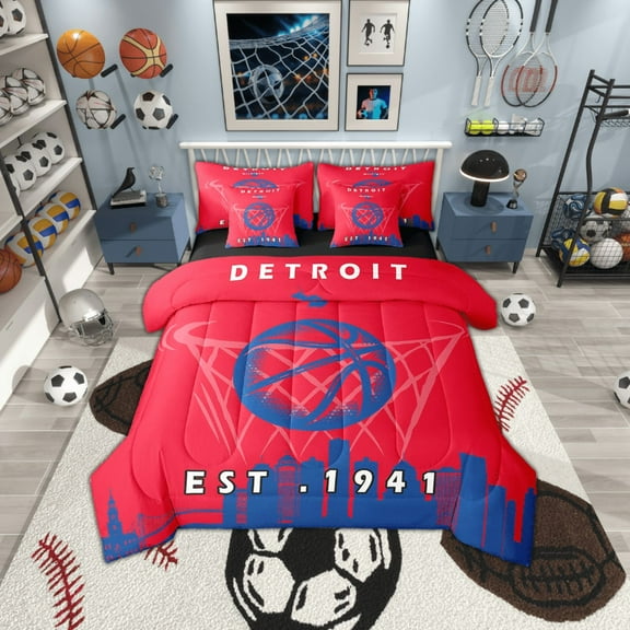 Erosebridal 7 Pcs Comforter Set Full Size,Basketball City Bed in a Bag with Flat Sheet and Fitted Sheet and Adults,Basketball Bedding Set with Pillowcase and Sham,Detroit