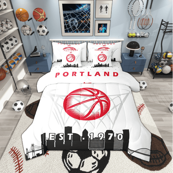 7 Pcs Comforter Set Full Size,Basketball City Bed in a Bag with Flat Sheet and Fitted Sheet and Adults,Sports Bedding Set with Pillowcase and Sham,Portland