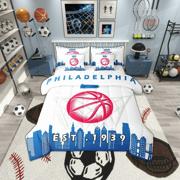 Erosebridal 7 Pcs Comforter Set Full Size,Sports Bed in a Bag with Flat Sheet and Fitted Sheet and Adults,Basketball Bedding Set with Pillowcase and Sham,Philadelphia