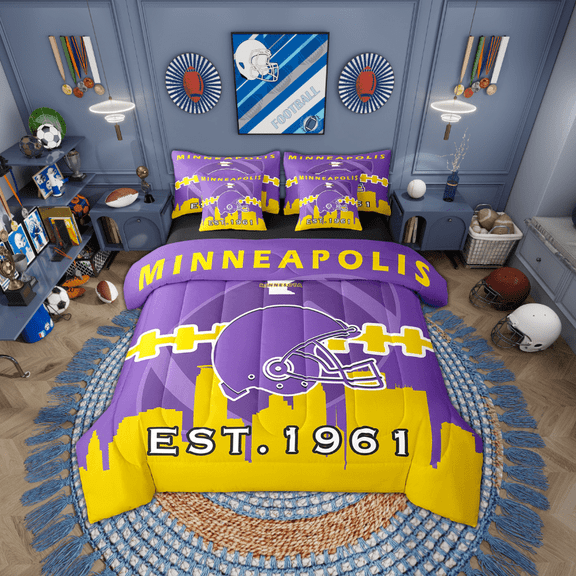 7 Pcs Comforter Set Full Size,Football Bed in a Bag with Flat Sheet and Fitted Sheet and Adults,Football City Bedding Set with Pillowcase and Sham(Minnesota)