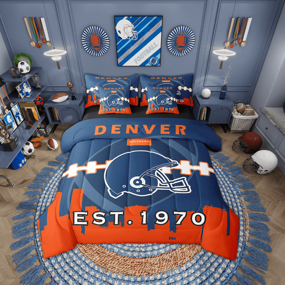 7 Pcs Comforter Set Full Size,Football City Bed in a Bag with Flat Sheet and Fitted Sheet and Adults,Sports Bedding Set with Pillowcase and Sham(Denver)