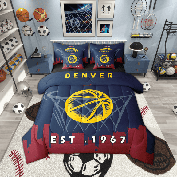 7 Pcs Comforter Set Full Size,Sports Bed in a Bag with Flat Sheet and Fitted Sheet and Adults,Basketball Bedding Set with Pillowcase and Sham,Denver