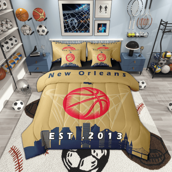 7 Pcs Comforter Set Full Size,Sports Bed in a Bag with Flat Sheet and Fitted Sheet and Adults,Teens Basketball Bedding Set with Pillowcase and Sham,New Orleans