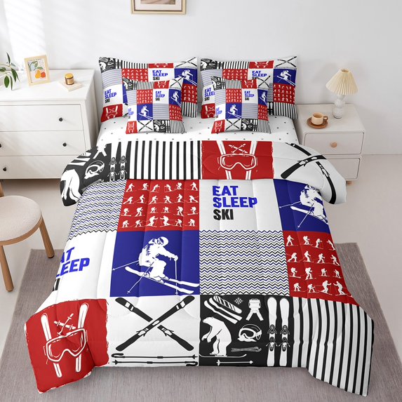 7 Pcs Comforter Set Full Size,Winter Sports Bed in a Bag with Flat Sheet and Fitted Sheet and Adults,Eat Sleep Ski Bedding Set with Pillowcase and Sham,7 Piece