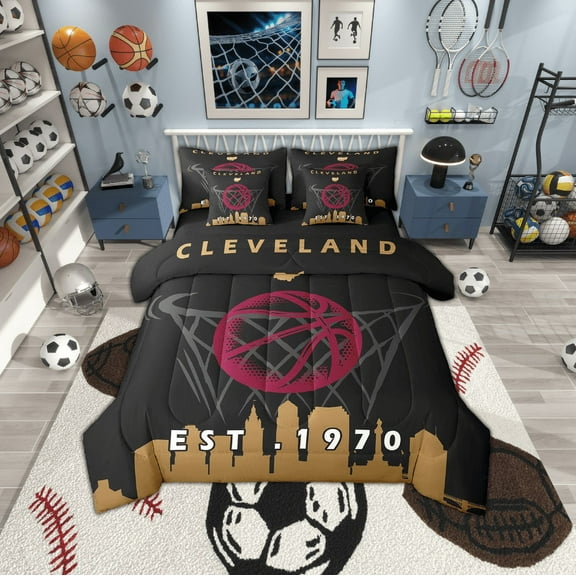 Erosebridal 7 Pcs Comforter Set King Size,Basketball Bed in a Bag with Flat Sheet and Fitted Sheet and Adults,Sports Bedding Set with Pillowcase and Sham,Cleveland