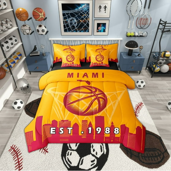 7 Pcs Comforter Set King Size,Basketball Bed in a Bag with Flat Sheet and Fitted Sheet and Adults,Sports Bedding Set with Pillowcase and Sham,Miami