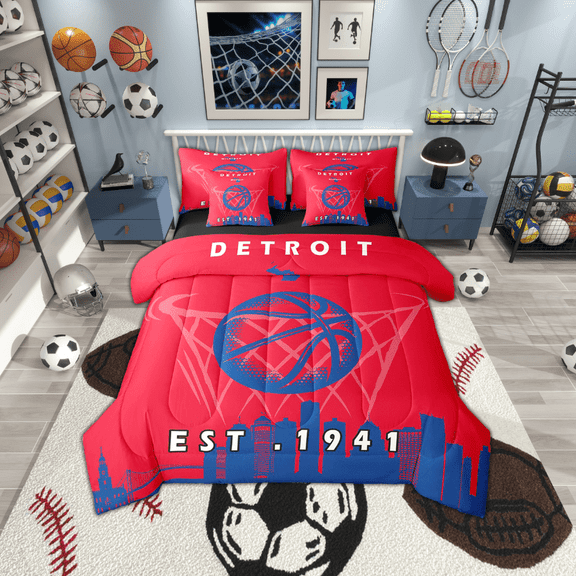 Erosebridal 7 Pcs Comforter Set King Size,Basketball City Bed in a Bag with Flat Sheet and Fitted Sheet and Adults,Basketball Bedding Set with Pillowcase and Sham,Detroit