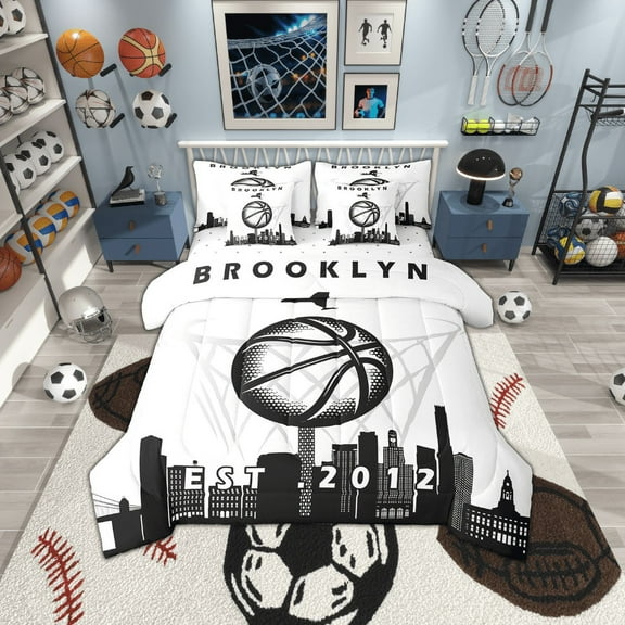 Erosebridal 7 Pcs Comforter Set King Size,Basketball Bed in a Bag with Flat Sheet and Fitted Sheet and Adults,Sports Bedding Set with Pillowcase and Sham,Brooklyn