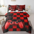 thumbnail image 1 of 7 Pcs Comforter Set King Size,Gamepad Bed in a Bag with Flat Sheet and Fitted Sheet and Adults,Red Black Plaid Check Bedding Set with Pillowcase and Sham, 1 of 6